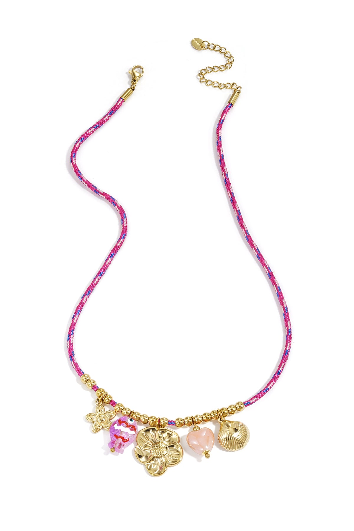 Colorful cord necklace with varying pendants and fish pendant