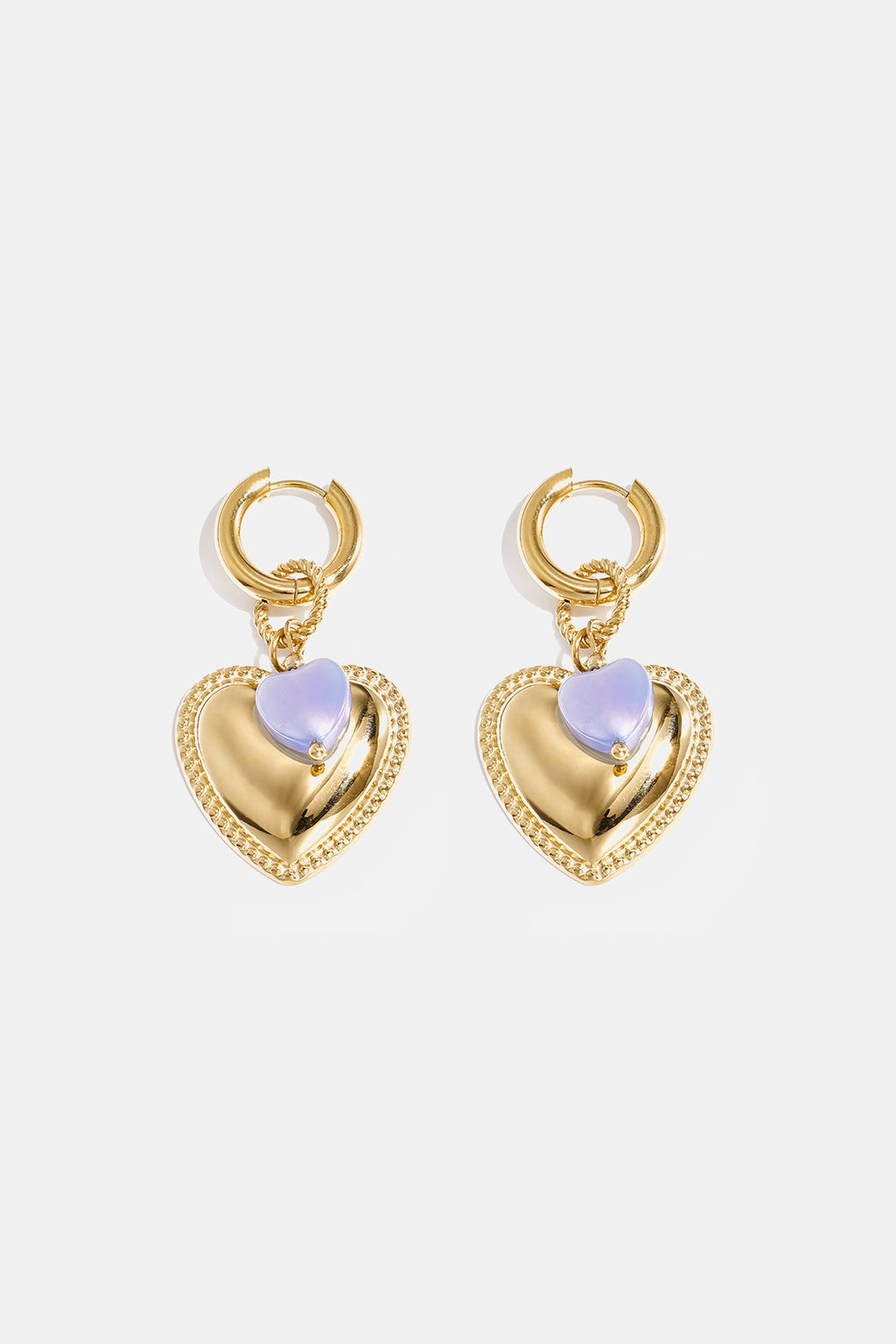 Hoop earrings with heart pendant and bead on ring