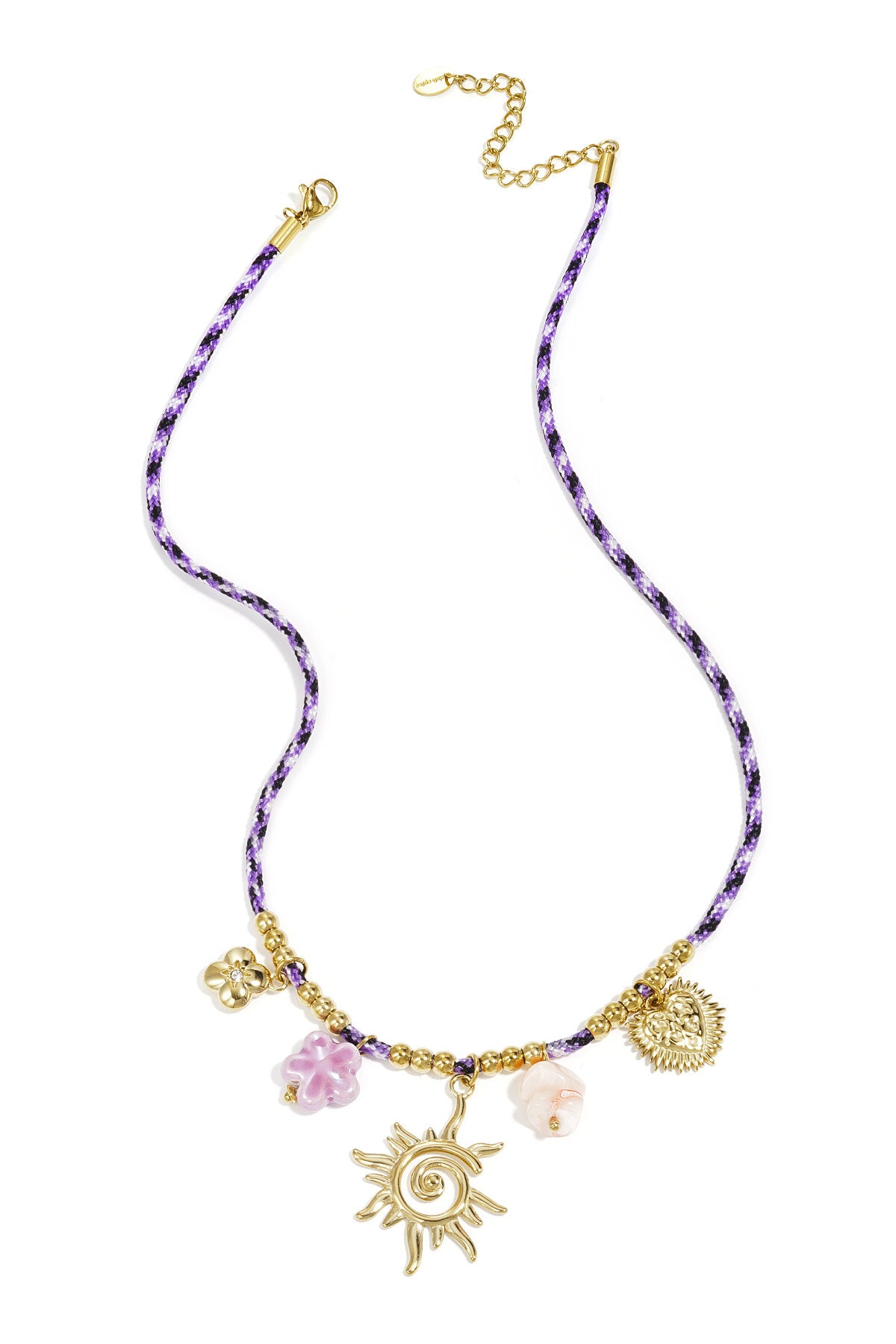 Colorful cord necklace with varying pendants purple